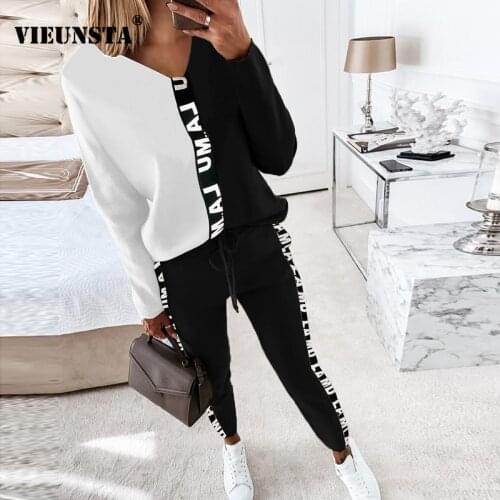 2021 Women Letter Print Spliced Homewear Suits Sexy V-neck Tops Pullover and Drawstring Pants Tracksuit Spring 2 Piece Outfits
