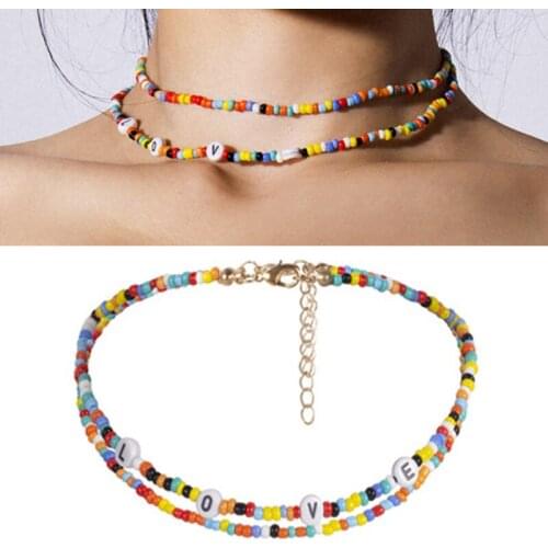 1PC Women Multicolor Rice Choker Colorful Necklace Charm Chains Bohemia Beads Necklace with Alphabet Necklace Jewelry for Girls