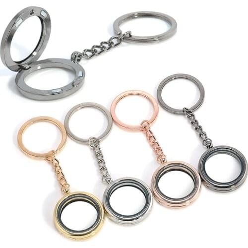 1pc Round Alloy Glossy Openable Keychain For Women Men Lovers Gift Multi-colors Can place photos Key Chains Accessories