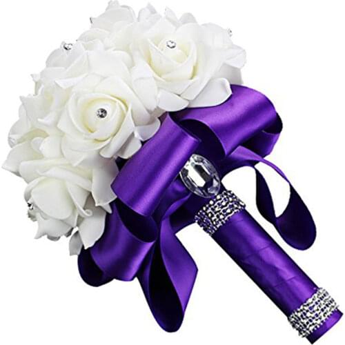 2019 Handmade Elegant Purple Bridal Bridesmaid Flower Wedding Bouquet Artificial Rose Ribbon Crystal Bouquets de noiva