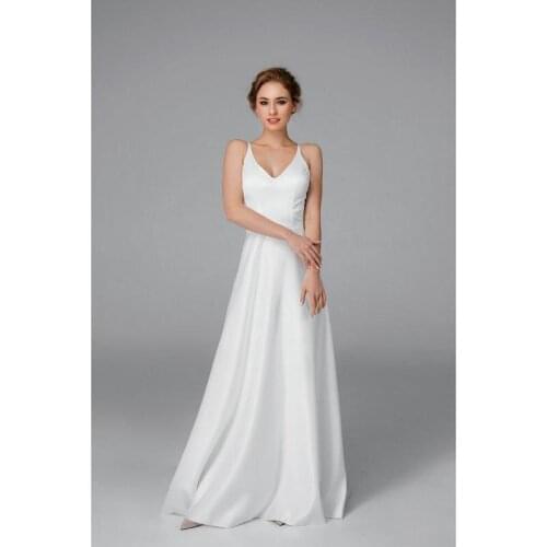 White Satin V-Neck Spaghetti Straps Floor-Length A-Line Wedding Dresses Chapel Train Custom Made