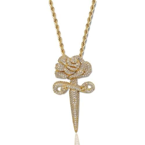 18K Gold Plated Bling CZ Simulated Diamond Iced Out Bouquet of Roses Pendent Necklace Hip Hop Chain Jewelry for Men Charm Gifts