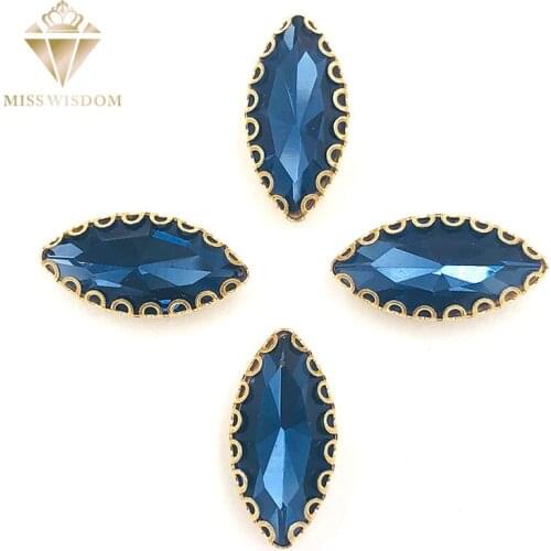 7X15mm Ink blue Leaf shape sew on rhinestones gold base with hole lacy claws glass crystal rhinestone Diy clothing accessories