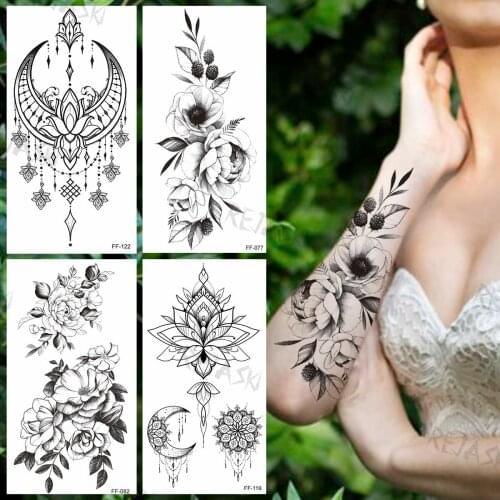 Black Dahlia Temporary Tattoos For Women Adults Forearm Realistic Pendant Henna Flora Moon Fake Tattoo Sticker Tatoos Arm