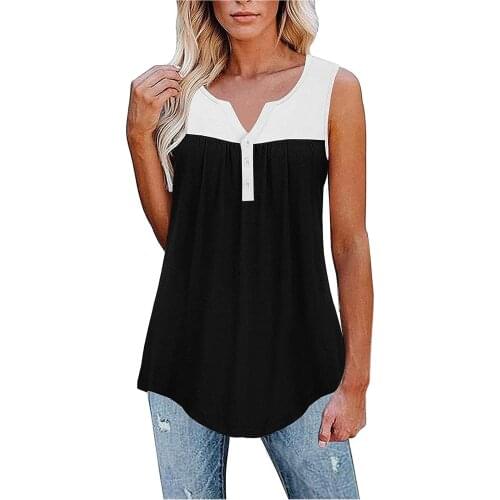 Summer Casual Sleveless T-shirt Women V-Neck Button Stitching Tank Tops Loose Comfortable Pleated Pullover Vest T-shirt