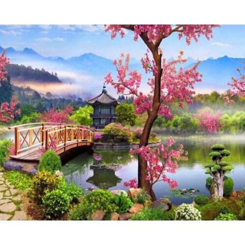 GATYZTORY 40x50cm Painting By Numbers Peach Blossom Scenery On Cavans Frameless DIY pictures by numbers Home Decoration