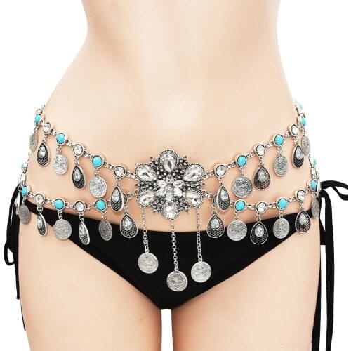 Turkey Sexy Ladies Belly Waist Chain Tribal Gypsy Alloy Carved Flower Indian Crystal Beach Dance Belt Boho Body Jewe