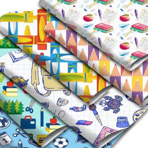 Back to School Synthetic Leather Fabric Bus Pencil Book Printed Faux Leather Sheets Roll for Earrings Hair Bows Crafts Making