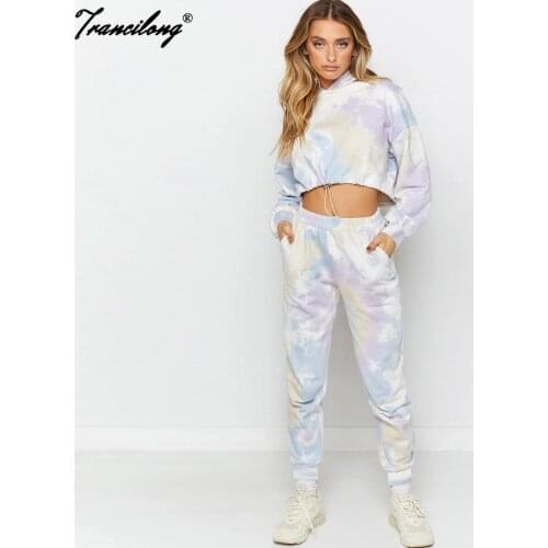 Women Long Slevee Spring Tracksuit Tie Dye Pullover Crop Top And Pants Two Piece Set Casual Sweatshirt Hoodie Sports Wear Suits