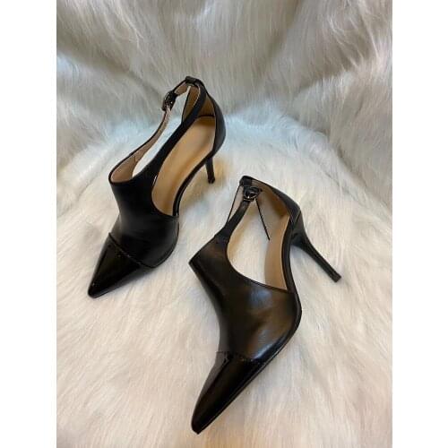 Leather Patchwork Stiletto High Heel Shoes Pointed Toe Cut Out Ankle Buckle Pumps Spring Summer Footwear Genuine Leather Shoes