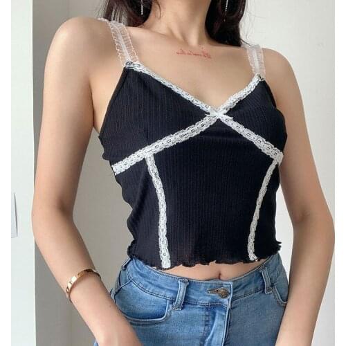 Patchwork Lace Cross Summer Crop Top Women Plain Casual V Neck Backless Cropped Tops Tank Top Spaghetti Straps Camis Vest 2020