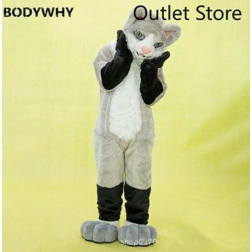 Halloween Fursuit Long Fur Gray Cat Dog Mascot Costume Cosplay Party AD Xmas Cartoon Outfits Carnival Halloween Ad Clothes