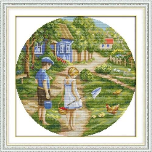 Childhood sweethearts cross stitch kit aida 14ct 11ct count printed canvas stitches embroidery DIY handmade needlework