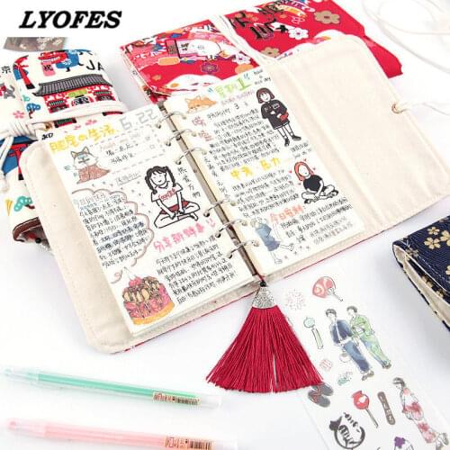 6 Ring Binder Cloth Cover A6 Notebooks and Journals Pocket Notepad Diary School Supplies Cute Kawaii Notebook Offce Accessories