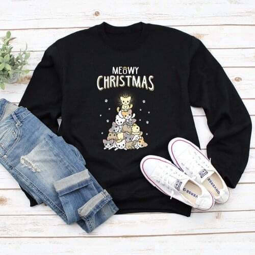 Christmas Lovely Cat Print Women Hoodie Long Sleeve Pullover Sweatshirt O-NECK Kawaii Clothes Hoodies Rave Festival Clothing