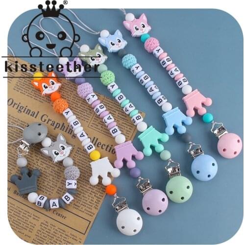 Kissteether Personalized Name Handmade Pacifier Clips Holder Chain Silicone Pacifier Chains Set Civet Cat Baby Teether Chain