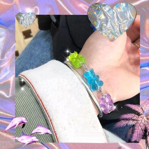 Cute Rainbow Candy Bear Bracelet Ins Hip-hop Nightclub Color Gummy Bear Gummy Candy Jelly Color Resin Bracelet Woman Jewelry