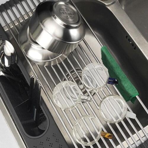 Foldable Stainless Steel 44x28cm Drainer Dish Drying Rack with Utensil Holder for Kitchen Sink