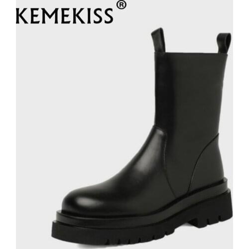 KemeKiss 2021 New Women Fashion Real Leather Ankle Boots Round Toe Zipper Solid Short Boots Casual Female Footwear Size 34-39