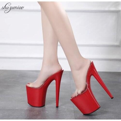 Slippers Women Summer 2019 Crystal Slipper High Heels 20cm Transparent Waterproof Cool Slippers Large size 34-42 Womens Shoe