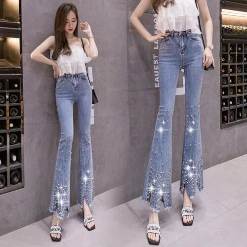 Women 2021 Spring Summer Fashion Slim Denim Trousers Female High Waist Flare Pants Ladies Embroidered Flares Long Jeans P132