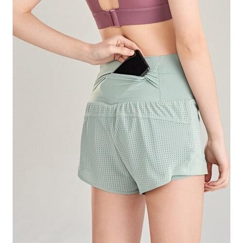 WHOUARE Women Sport Fitness Shorts Gym Essentials Summer Short Pants Fake Two Back Pocket Elastic Quick-Drying Mesh Yoga Shorts