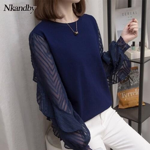 Plus Size Hollow Out Mesh Patchwork Knitted Sweaters Women 2020 Autumn Novelty Ruffles Korean Style Ladies Pullovers Jumper Tops