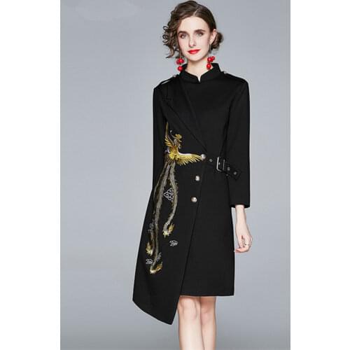 2021 Autumn Winter Women Long Sleeve Stand Collar Epaulettes Embroidered Phoenix Single-Breasted Lace Up Black Asymmetry Dress