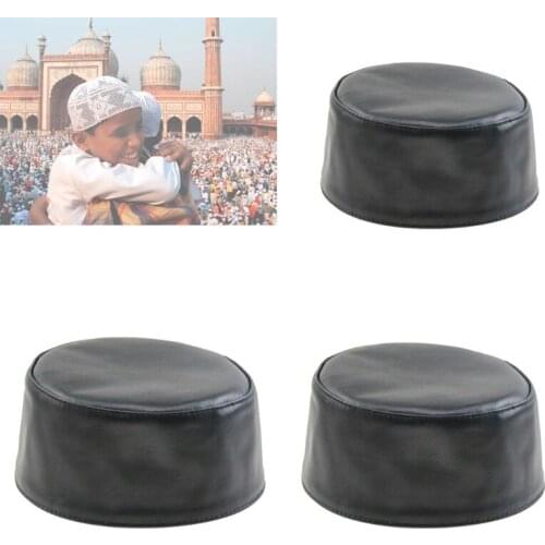 066F Men Muslim Prayer Hat Genuine Leather Solid Islamic Arabic Dubai Hijab Cap Ramadan Allah Worship Head Wear Clothing