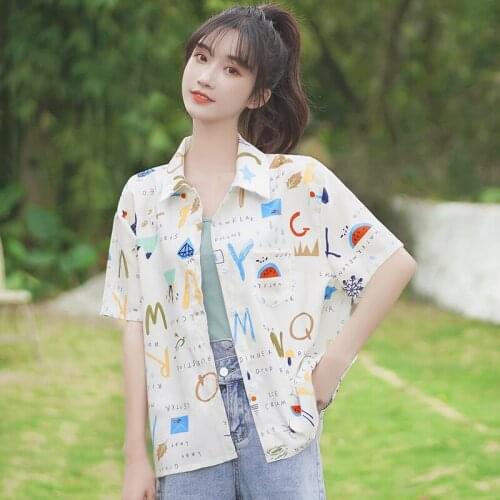 1856 Summer Women Casual Shirts Short Sleeves Patchwork Polo Pockets Blouses Beach Korean Style Printing Hard-Painted Loose New