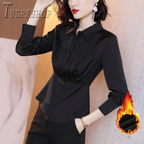 2019 Solid Color Lining With Fluff Women Blouse Lapel Office Lady Female Blouses