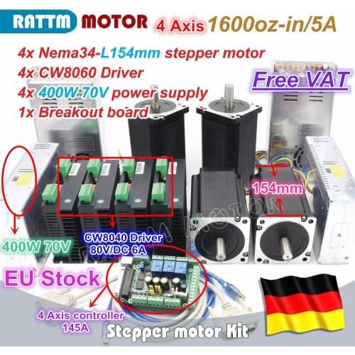【DE ship free VAT】 4 Axis Nema34 Stepper Motor 1600oz-in 12N.m 154mm Dual Shaft+CW8060 Driver 80VDC 6A Large CNC Controller Kit