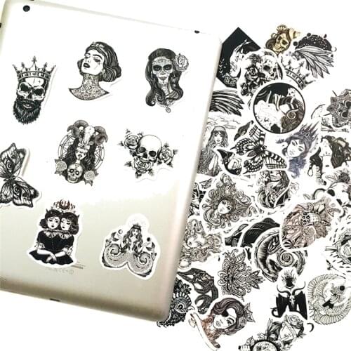 50pcs Black White Gothic Style Girl and Skull Witch Sticker For Car Laptop Motorcycle Bicycle Graffiti Waterproof Stickers