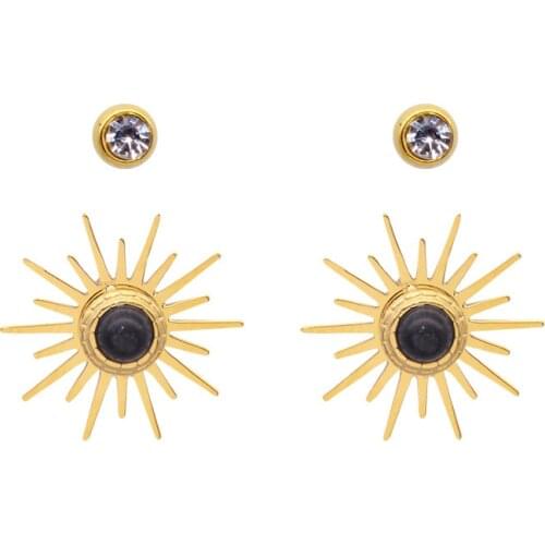 Boho Style Stainless Steel Stud Earrings Set For Women Simple Gold Color Sun Shape Natural Stone Crystal Earrings Jewelry Gift