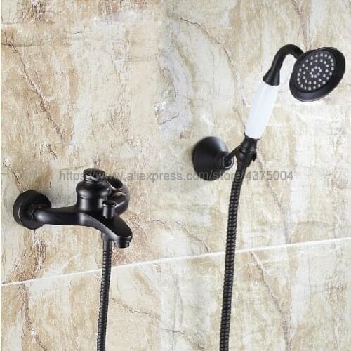 Black Oil Rubbed Brass Bathroom Rainfall Hand Shower Faucet Set Mixer Tap With Hand Sprayer Wall Mounted Ntf029