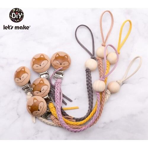 Wooden Teether Braided Thread Leather Wood Beads Engraved Fox Pacifier Clip Dummy Clip Pacifier Chain Baby Teether For Nipples