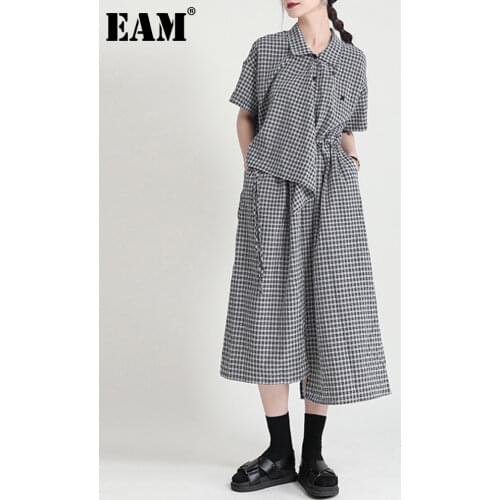 [EAM] Women Fake Two Pieces Asymmetrical Drawstring Bandage Dress Lapel Short Sleeve Loose Fashion Spring Summer 2021 1DD8527