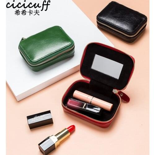 Real Leather Cosmetic Bag Fashion Lipstic Case with Mirror Solid Color Travel Makeup Storage Bag Earrings Ring Organizer Wallet