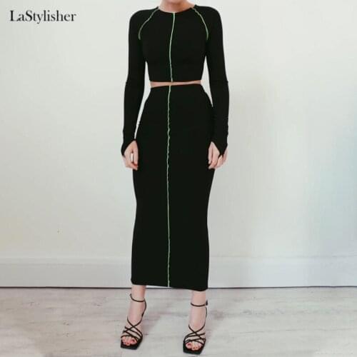 LaStylisher Women Long Sleeve Clothes Set Stripe Patchwork Sexy Crop Top Skirt 2 Pieces Set Autumn Winter Women Outfit Tracksuit