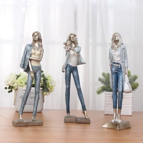 Fashion Girl In Denim Jacket With A Handbag Statue Home Decor Crafts Room Objects Character Office Resin Figurines Wedding Gifts
