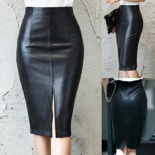 Fashion High Waist Skirt Glossy Split PU Leather Skirt Women Sexy Zipper Pencil Punk Black Bandage Women Knee Length Skirt