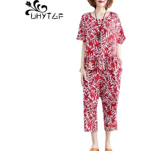 UHYTGF Fashion women summer two piece set women cotton linen printed ruffles comfortable loose plus size set tracksuit women 893