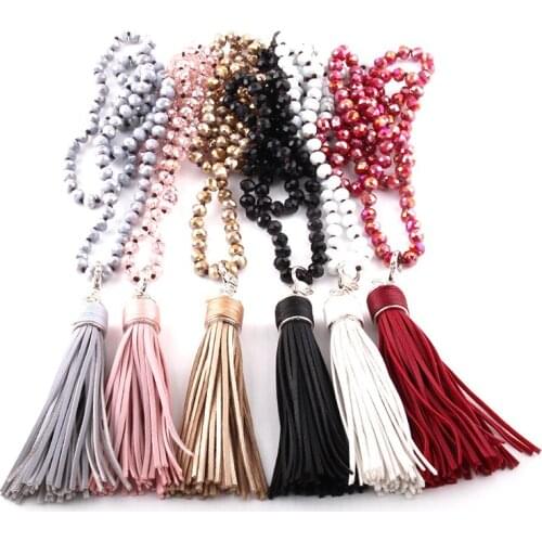 MOODPC Fashion Bohemian Tribal Jewelry Glass Crystal long Knotted leather Tassel Necklace 6 Color