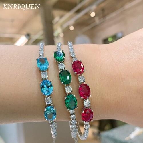 2021 New 925 Sterling Silver 7*9mm Aquamarine Stone Emerald Ruby Lab Diamond Strand Bracelet for Women Party Fine Jewelry Gift