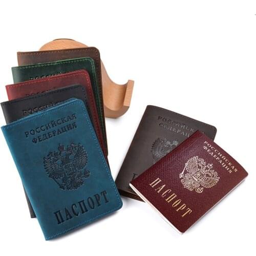 Russian Vintage Genuine Leather Crazy Horse Leather Emblem logo Passport Cover Men Genuine Leather Passport Case