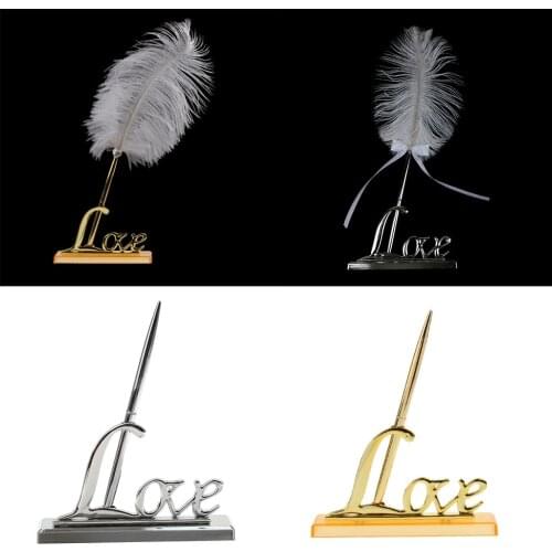 Plastic Unique Design Elegant Pen With Holder For Wedding Guestbook Bridal Engagement White + Gold