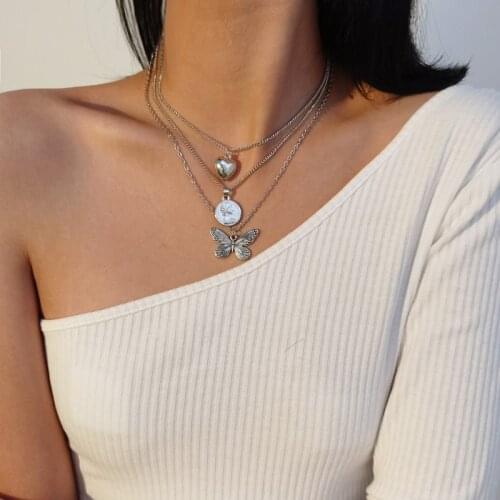 Retro Butterfly Portrait Round Coin Love Heart 3 Layed Pendant Necklace for Women Korean Style Metal Thin Chain Necklace 2020
