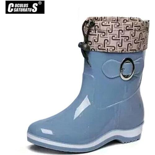 Cuculus Rain Boots Rubber Women Ankle Boots Casual Platform Shoes Woman Warm Flats Women Shoes Size 36-40 Red blue beige 1291