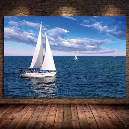 Nordic Posters and Prints Blue Sailboat Oil Canvas Painting Seascapes Wall Pictures For Living Room Office Decoration Unframed