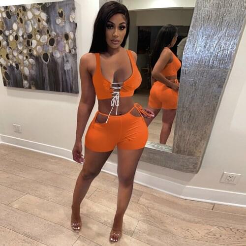 TNNAOFF Two Piece Tracksuits Women Set Club Outfit Spaghetti Strap Crop Top Sexy Bandage Biker Shorts Streetwear Matching Set